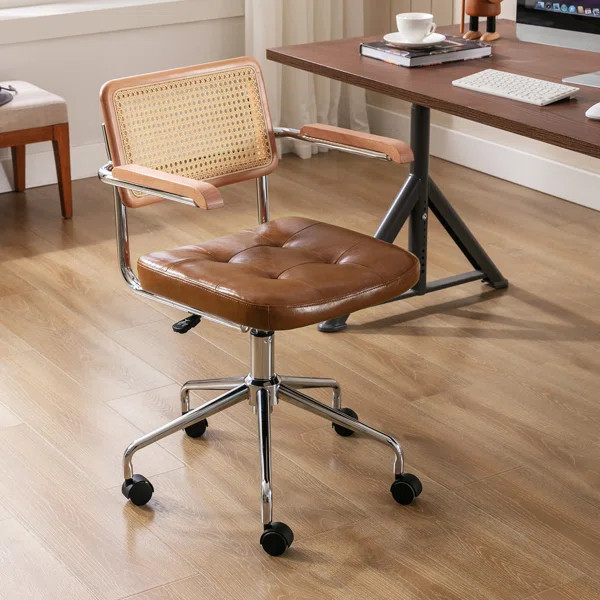Ayris Leather Swivel Task Chair with Beech Wood Frame and Rattan Back | Wayfair North America