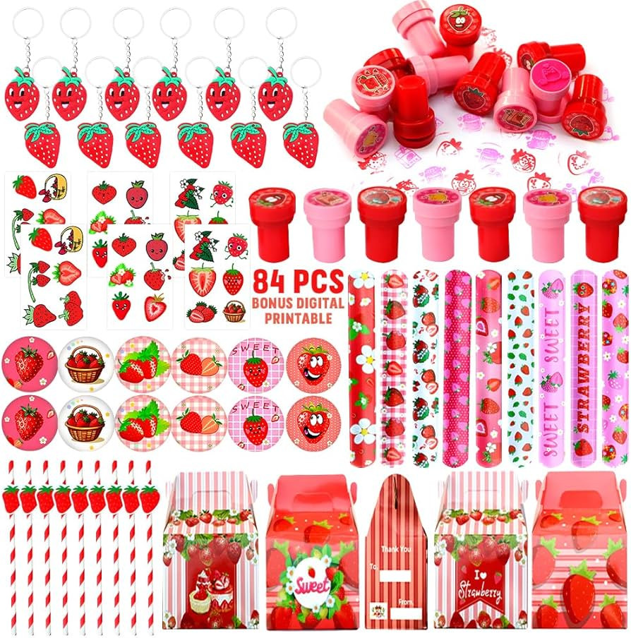 Strawberry Party Favor 84 PCS Sweet Berry Slap Treat Box Bracelets DIY Stickers Stampers Keychain... | Amazon (US)