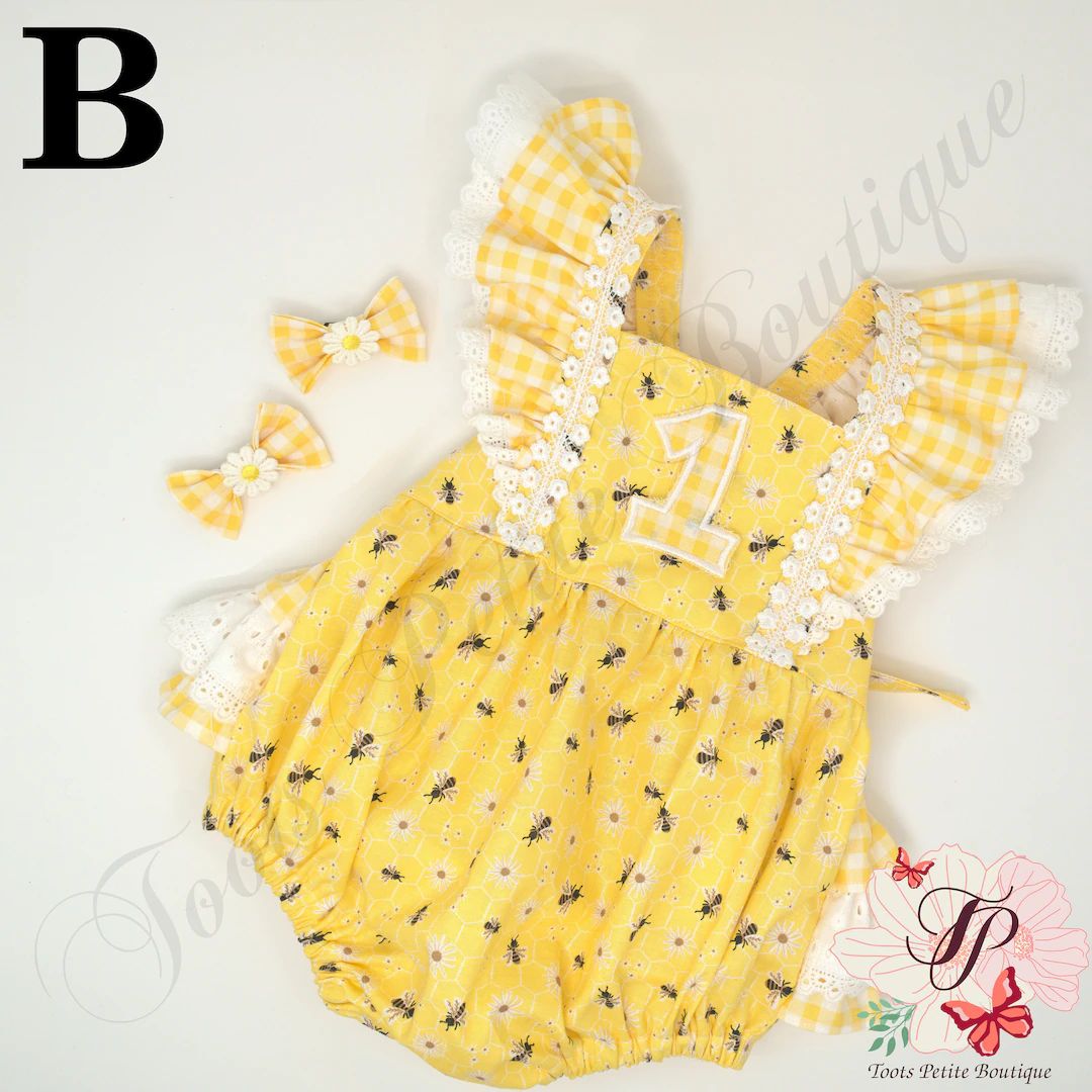 Happy Bee Day Birthday Romper Ruffle Bottoms,yellow Print, Baby Toddler Pigtails Personalized Emb... | Etsy (US)