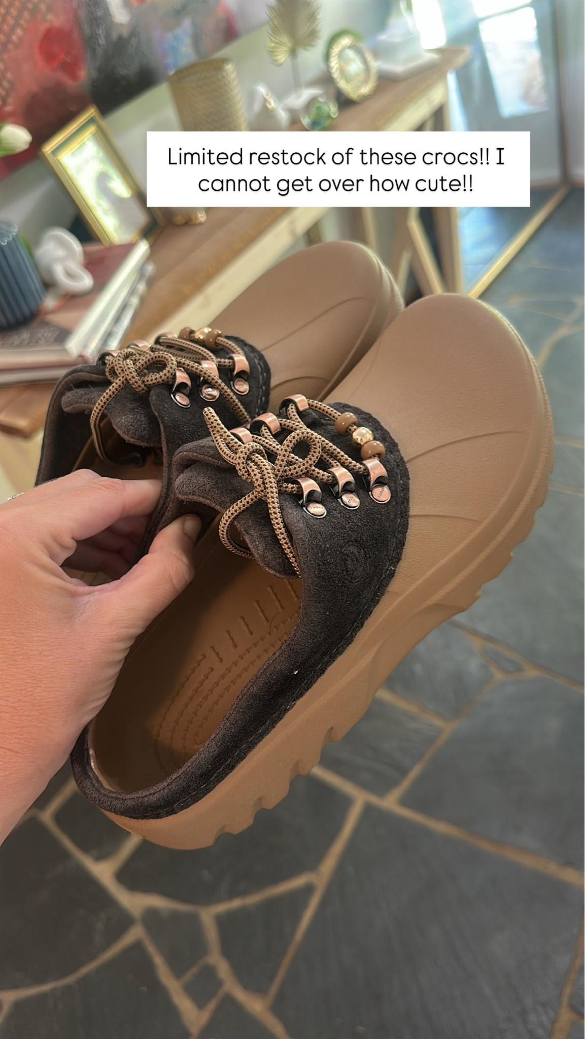 The cutest fall crocs!! Love the suede detail and the laces!