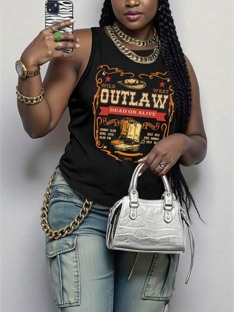 Plus Size -Women's Summer Casual Vest, Vintage Motorcycle Style Printed Sleeveless Top-1XL-5XL | SHEIN