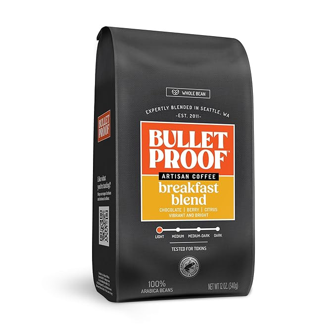 Bulletproof Breakfast Blend Light Roast Whole Bean Coffee, 12 Ounces, 100% Arabica Beans, Clean C... | Amazon (US)
