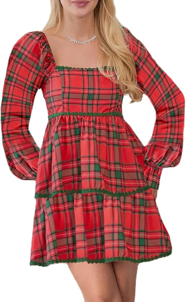 Women Christma Dress Plaid Square Neck Lace Trim Puff Sleeve Babydoll Mini Dress Gingham Ruffle T... | Amazon (US)