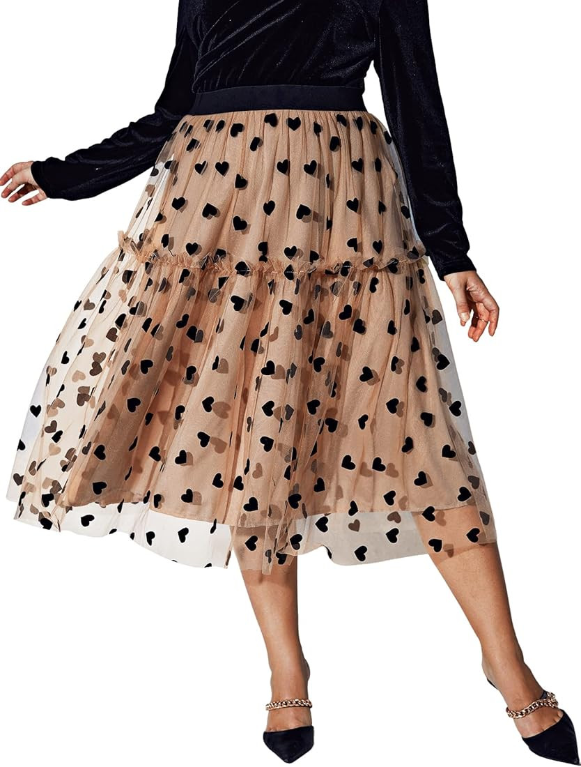 Floerns Women's Plus Size Heart Printed Contrast Mesh Frill Trim Flared Midi Skirt | Amazon (US)