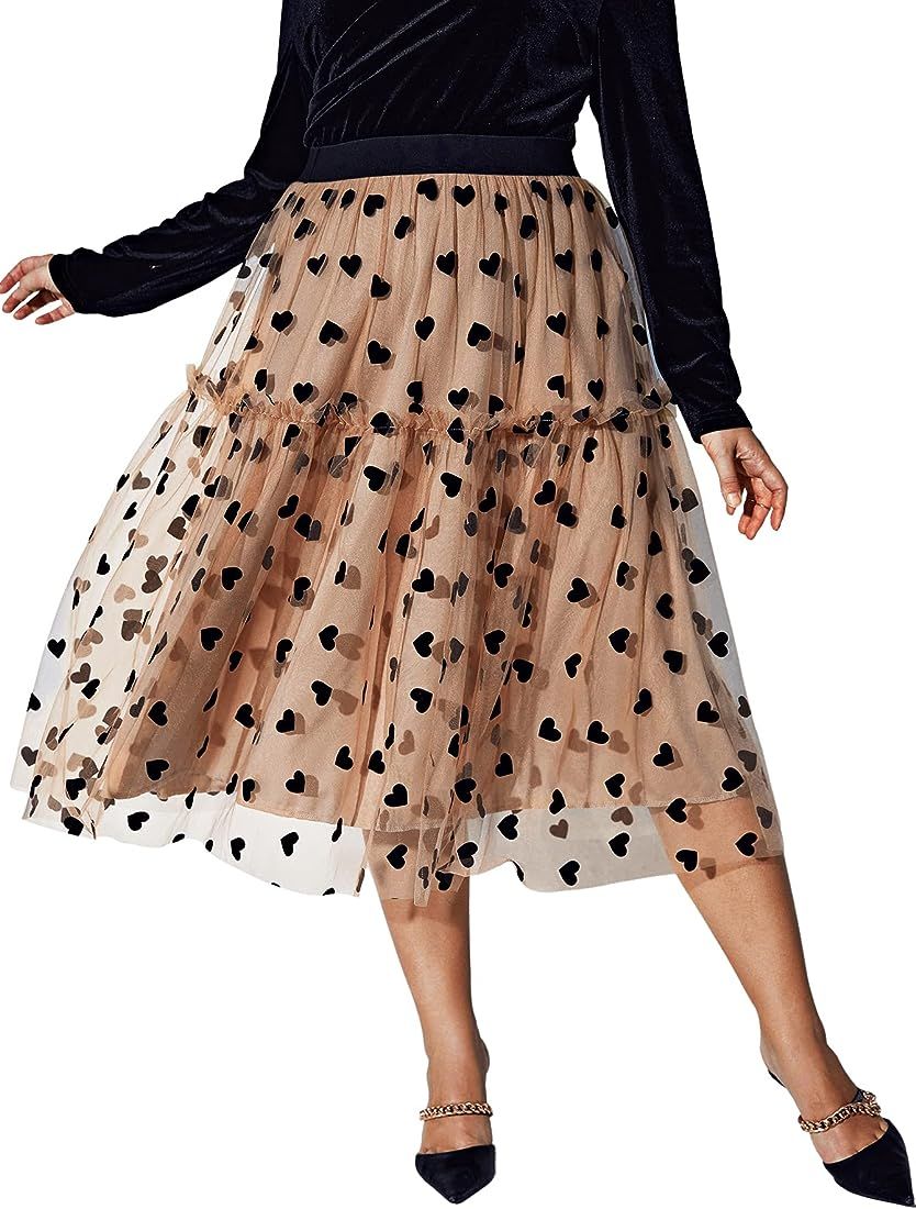 Floerns Women's Plus Size Heart Printed Contrast Mesh Frill Trim Flared Midi Skirt | Amazon (US)