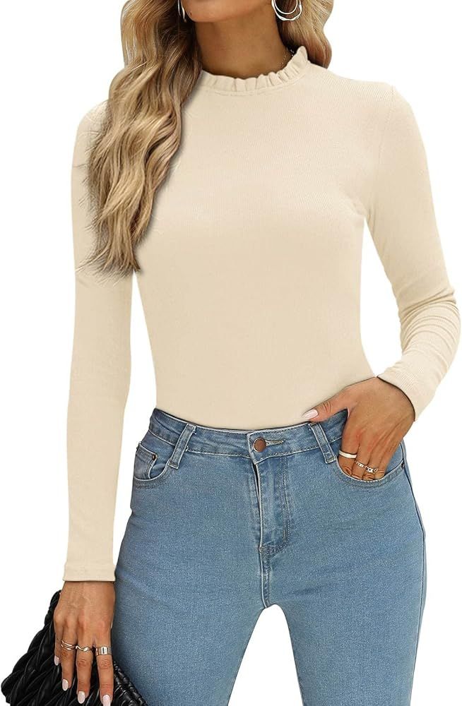 PINKMSTYLE Womens Long Sleeve Ruffle Mock Neck Bodysuit Jumpsuit Ribbed Slim Fit Tops Business Ca... | Amazon (US)