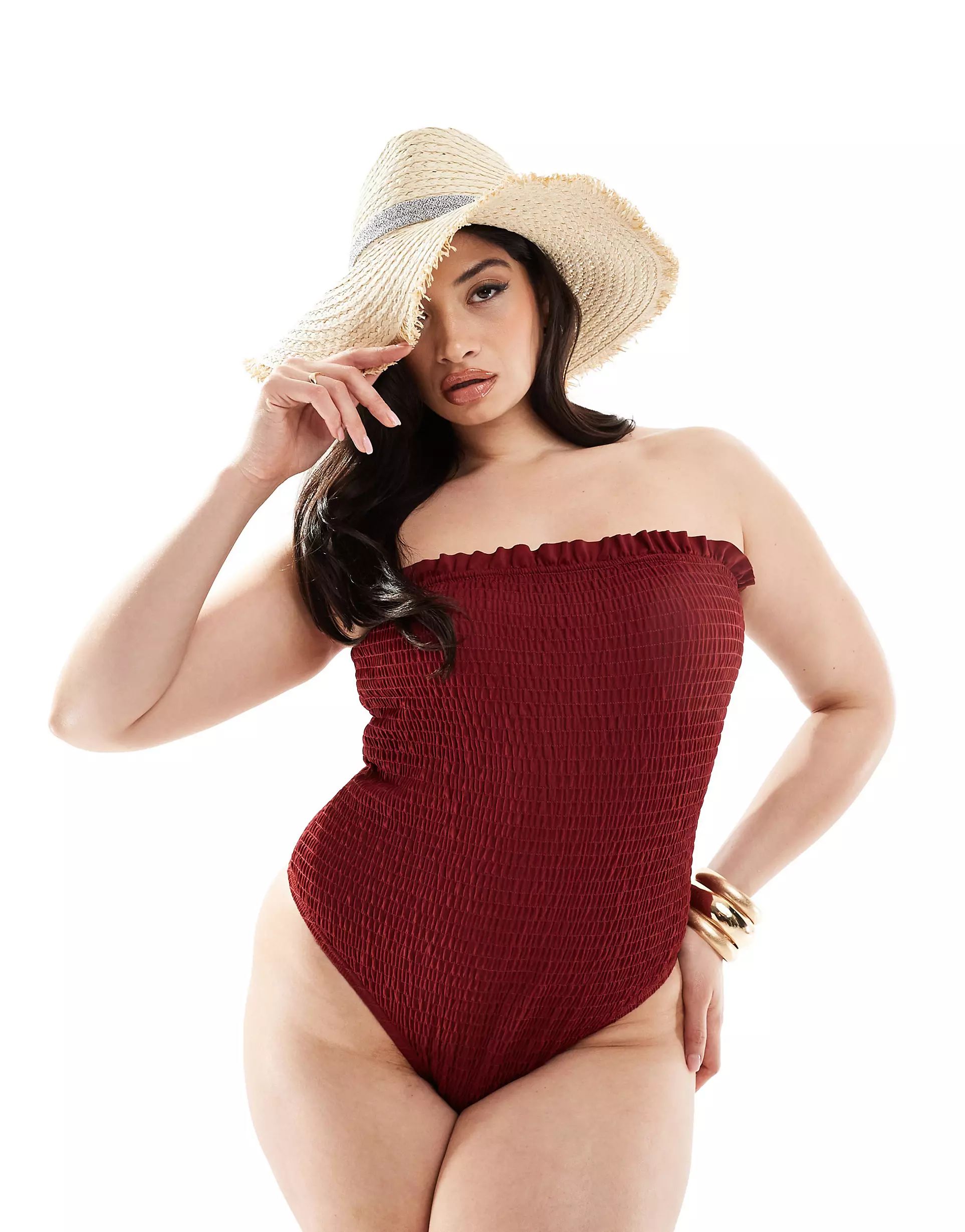 South Beach Curve frilly crinkle bandeau swimsuit in pomegranate | ASOS | ASOS (Global)