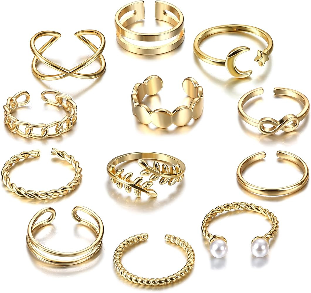 IRONBOX 12 Pcs Adjustable Knuckle Rings for Women 14K Gold Plated Stacking Rings Pack Wave Star M... | Amazon (US)