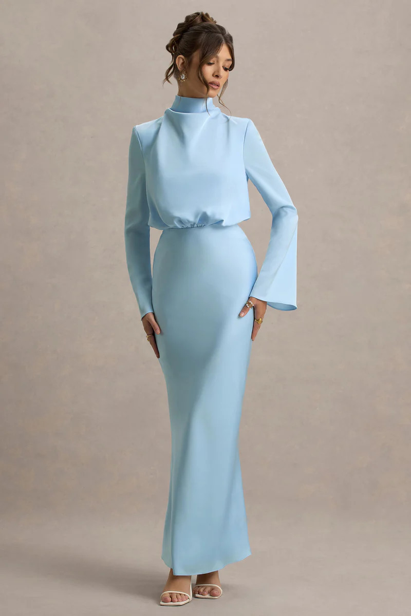 Celina | Powder Blue Satin High-Neck Maxi Dress | Club L London