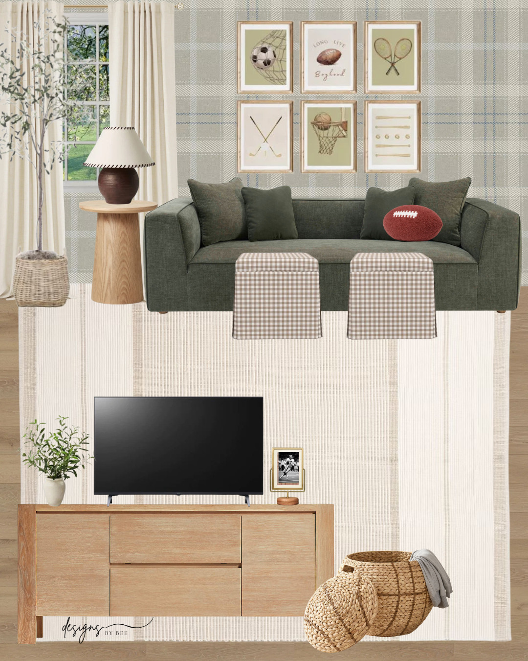 boys playroom ideas, sports themed playroom, neutral playroom decor, kids game room ideas, cozy game room decor, basement game room, blue plaid wallpaper room, gingham chairs neutral, playroom seating, kids lounge seating, bean bag chairs for kids, media console styling, large tv living room setup, cozy family movie night space, neutral rug living room, woven basket decor, layered neutral textures 

 #LTKHome #LTKBaby #LTKKids