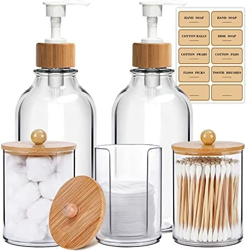 Mierting Bathroom Accessories Set 5 Pcs, Clear Plastic Hand and Dish Soap Dispenser with Bamboo P... | Amazon (US)