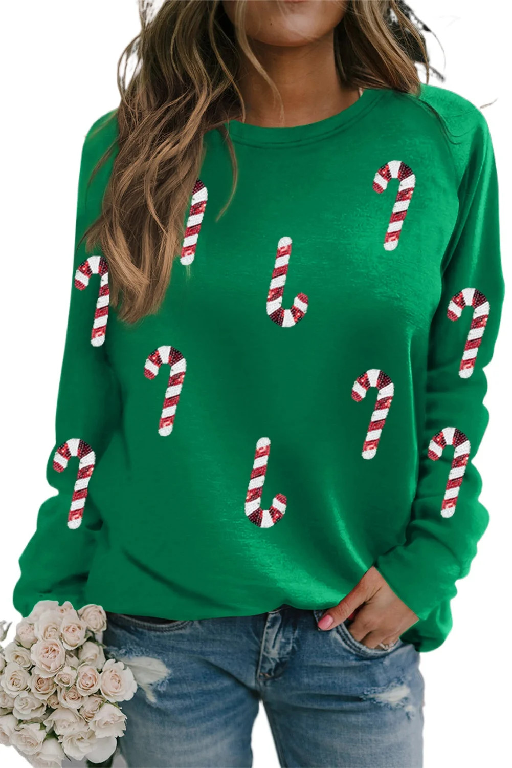 Women's Green Sequin Christmas Candy Cane Graphic Crewneck Pullover Sweatshirt | [ZhiHiMeRi] | (U... | Walmart (US)