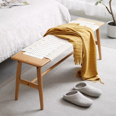 Natural Oak Wood Accent Bench,Bed Bench With White Weave Rattan Seat And Solid Wood Frame,Rectangle Bedroom Wooden Side Bench-Cuddlewood | Target