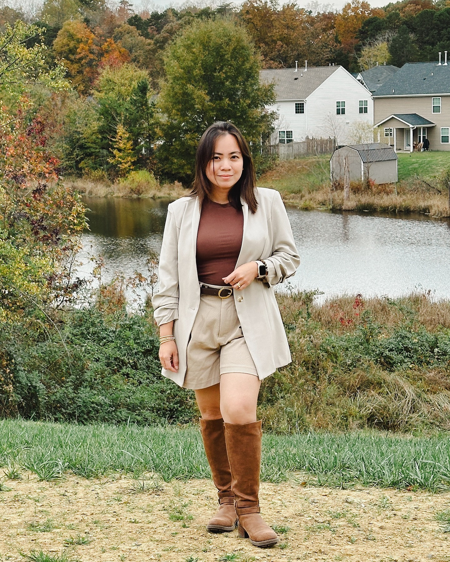 A chic combo of neutral blazer and tailored shorts paired with a rich brown top and suede knee-high boots for a touch of autumnal warmth.

#LTKFindsUnder50 #LTKStyleTip #LTKShoeCrush
