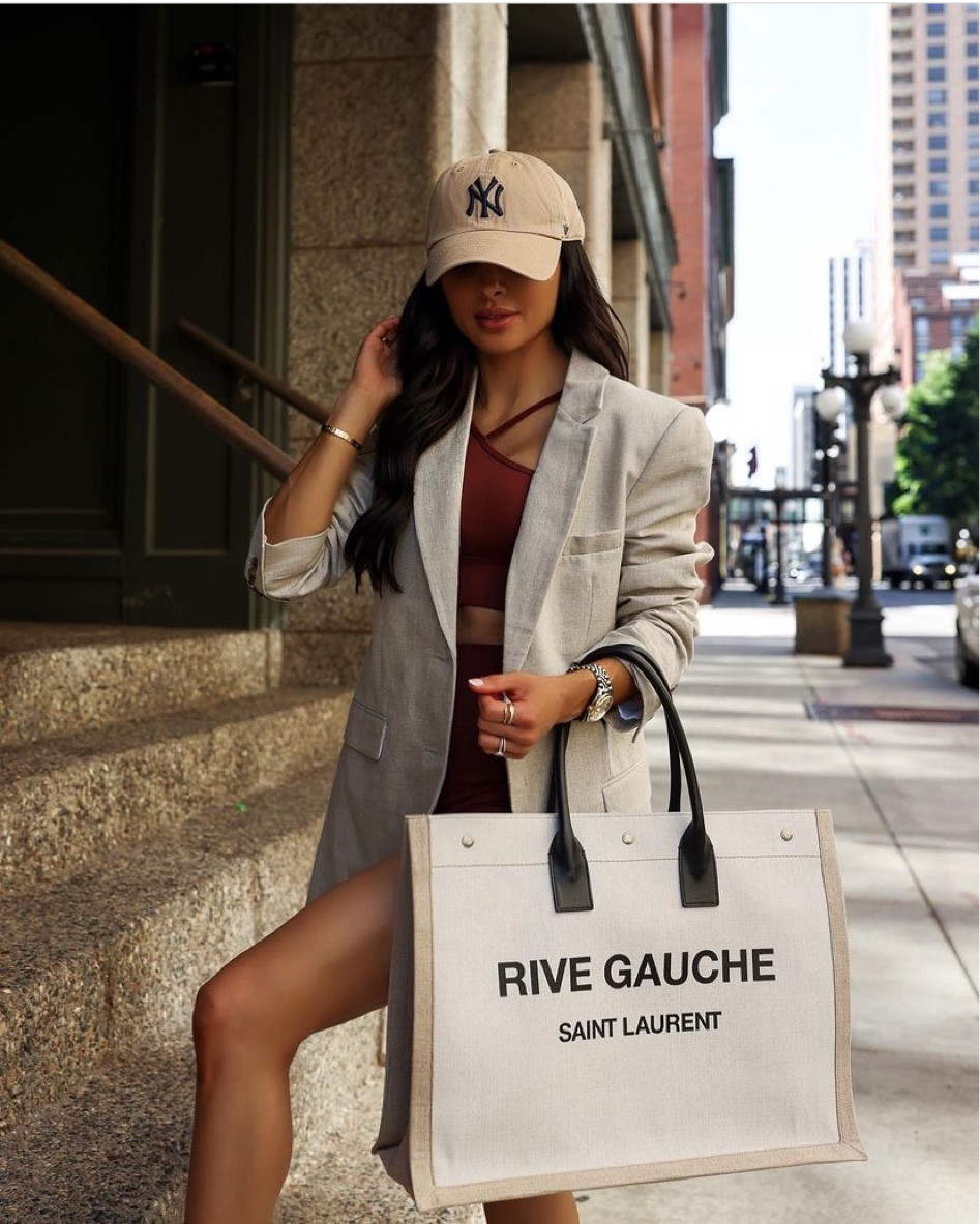 Shop Saint Laurent Rive Gauche Small Tote Bag in Linen and Leather