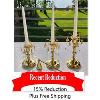 Set Of 3 Gold Candlesticks & Candleabra Chandelier Tarnish Free Prisms Ex | Etsy (US)