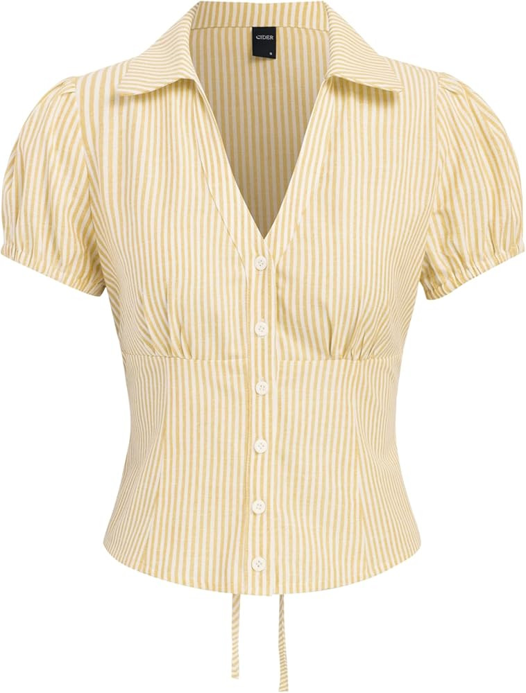 CIDER Women Striped V Neck Tie Back Short Sleeve Shirt Casual Button Down Top Summer Blouse | Amazon (US)