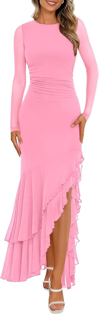 BTFBM Women's Maxi Dresses Spring 2026 Long Sleeve Ruched Bodycon Solid Ruffle Mermaid Cocktail W... | Amazon (US)