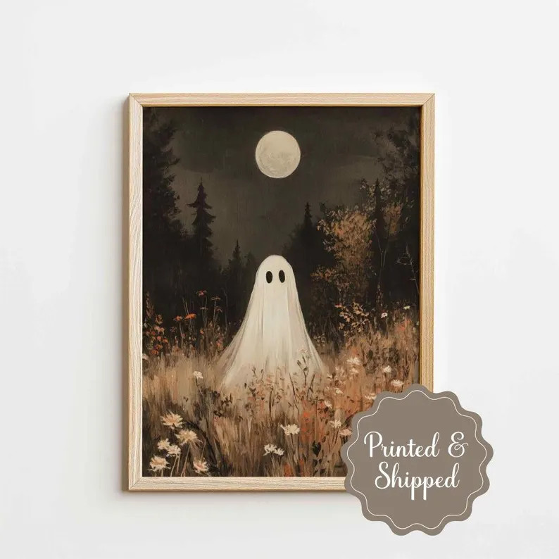 Physical Print Halloween Ghost Enchanted Forest Print, Spooky Ghost Wildflower Field, Halloween D... | Etsy (Global)