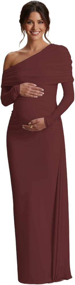 One Shoulder Maternity Dress for Photoshoot Satin Long Sleeve Pregnant Gown Mermaid Ruched Baby S... | Amazon (US)
