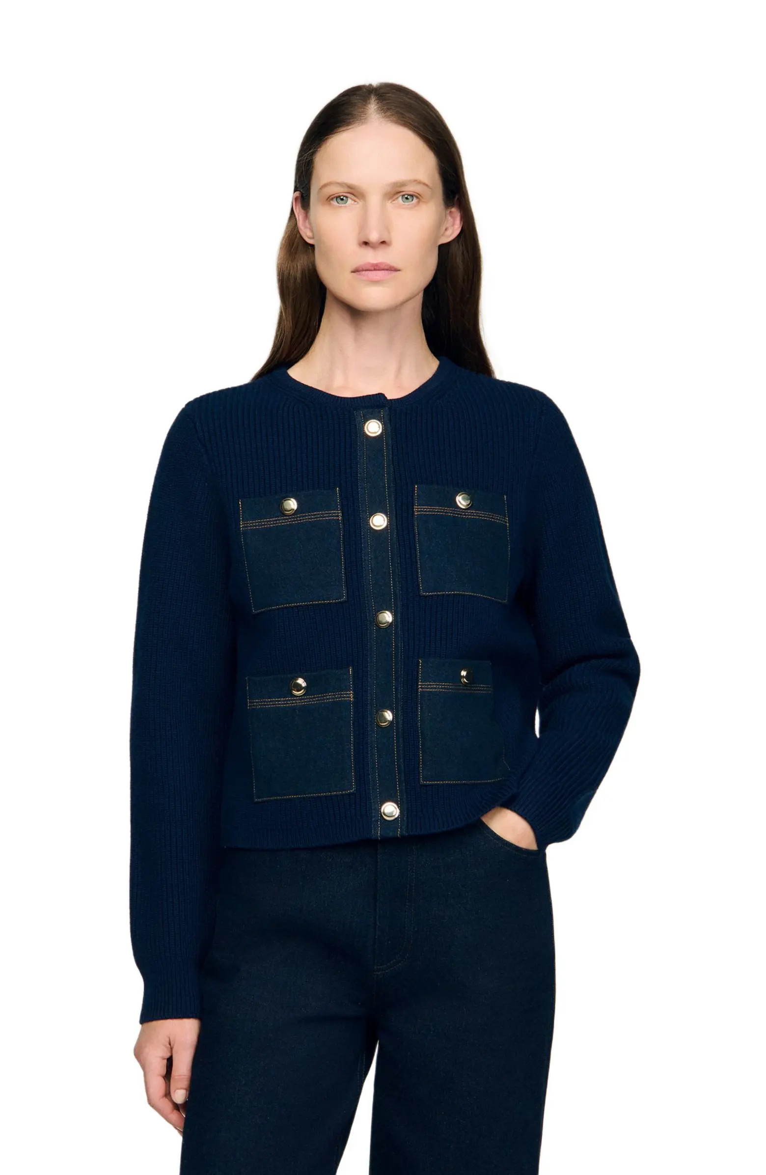 Denim detail rib knit cardigan | Nordstrom