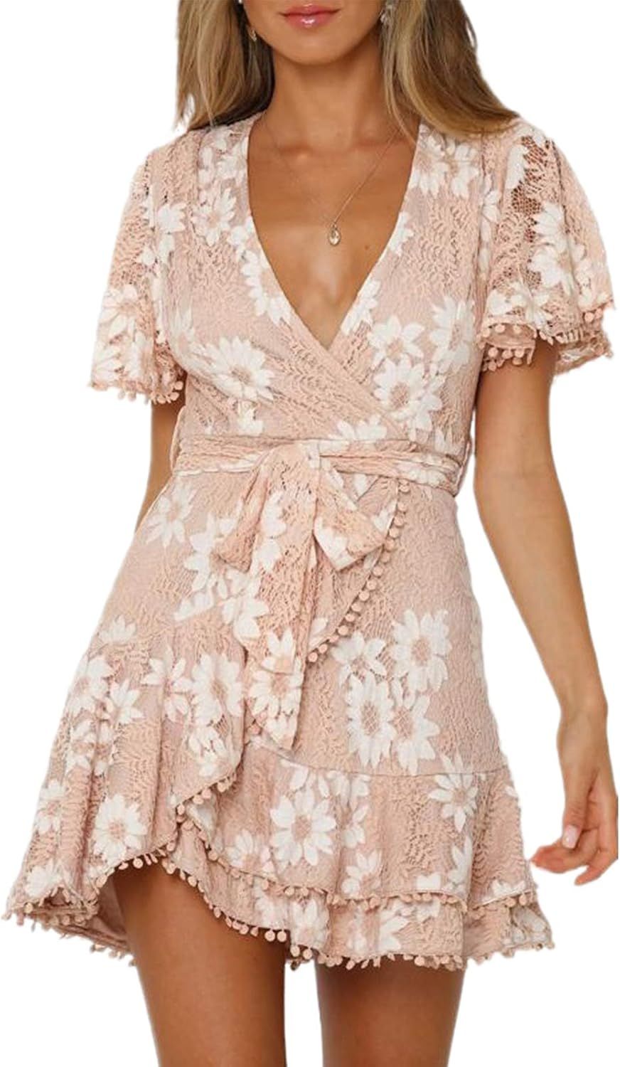 Happy Sailed Womens Summer Wrap V Neck Floral Lace Pom Poms Bowknot Mini Short Dresses(S-XL) | Amazon (US)