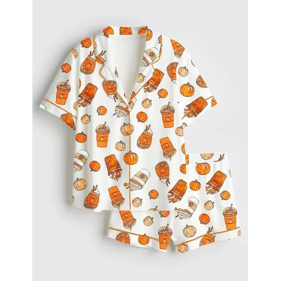 Women’s Pumpkin Spice Halloween Fall Fashion Short Sleeve Satin Pajama Set, Halloween Party Nig... | Walmart (US)