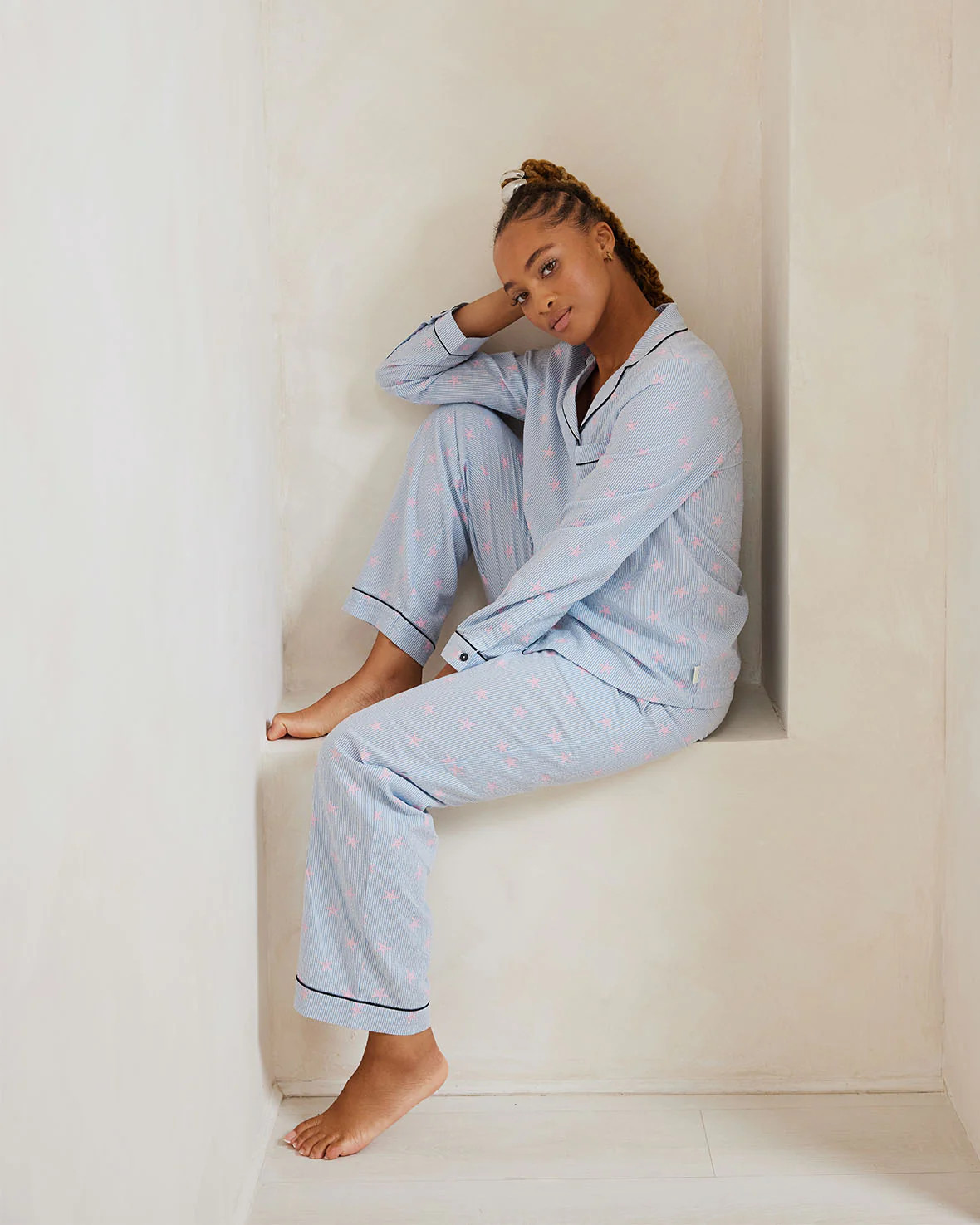 Seersucker Cotton Starfish Stripe Print Long Pyjama Set | Chelsea Peers NYC