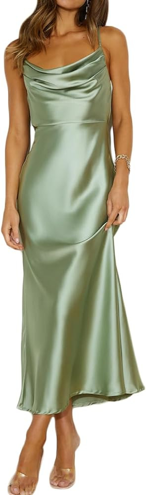 Summer Satin Spaghetti Strap Cowl Neck Backless Midi Dresses for Women Elegant Tie Low Back Ruche... | Amazon (US)
