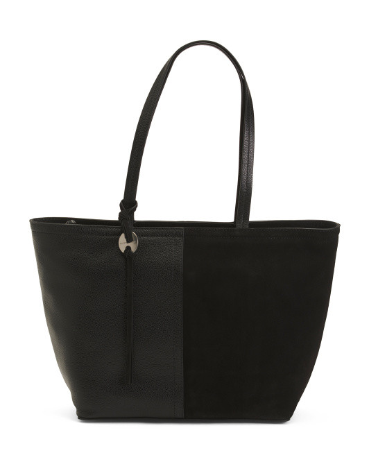 Leather Pebbled Zip Top Tote With Suede Panel | TJ Maxx
