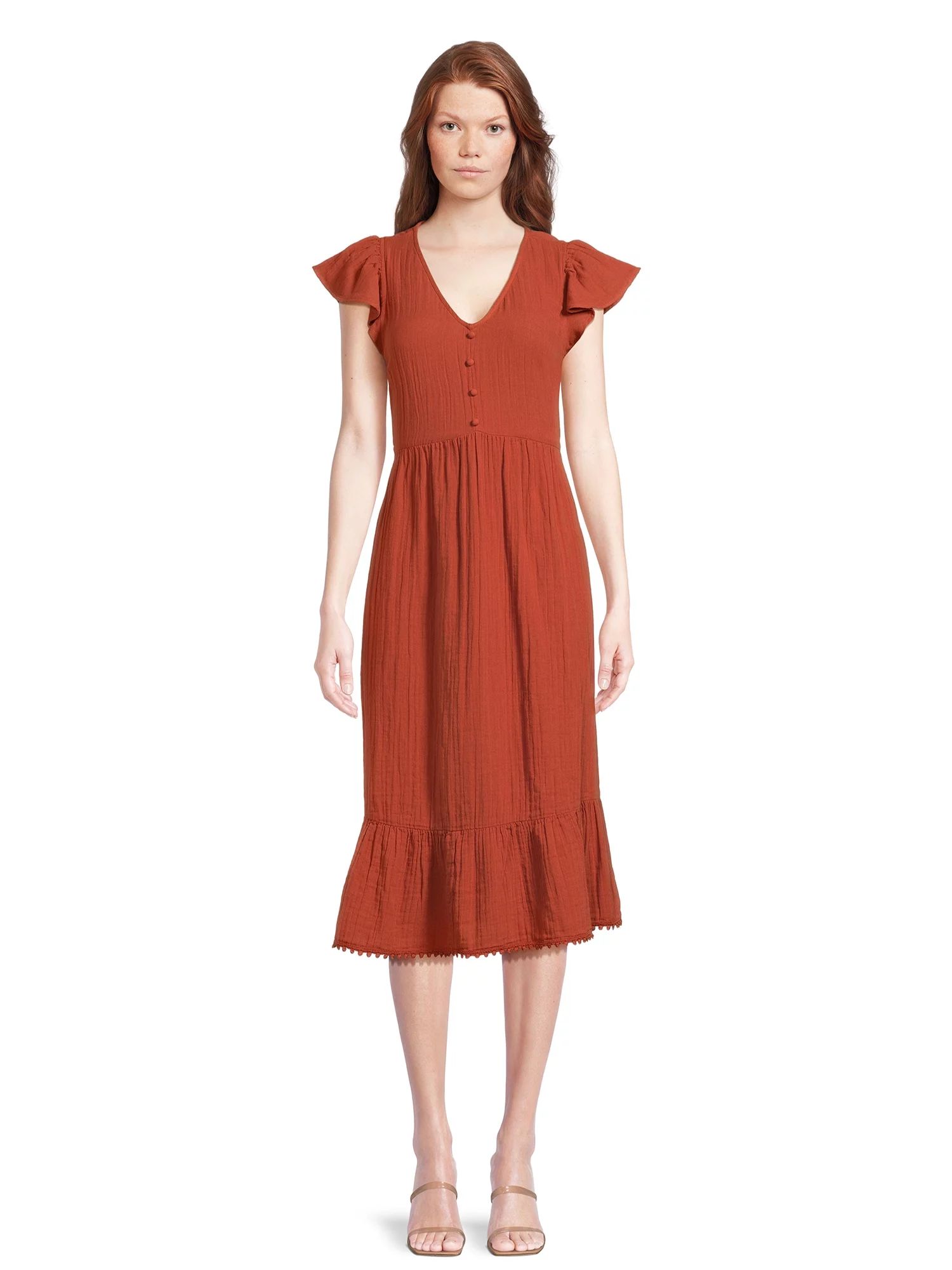 Time and Tru Women's Flutter Sleeve Midi Dress, Sizes XS-XXXL - Walmart.com | Walmart (US)