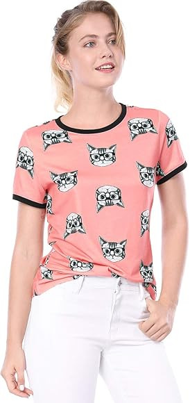Allegra K Women's Cat Contrast Cartoon Pet Print Tee Ringer Casual Summer T-Shirt Tops | Amazon (US)