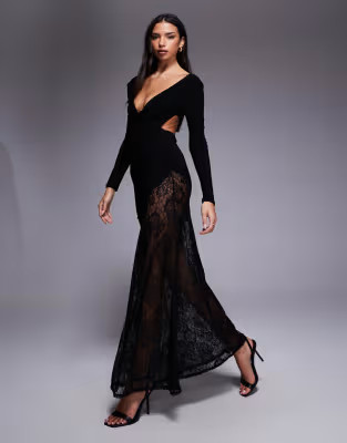 ASOS DESIGN lace mix slinky plunge long sleeve maxi dress in black | ASOS | ASOS (Global)