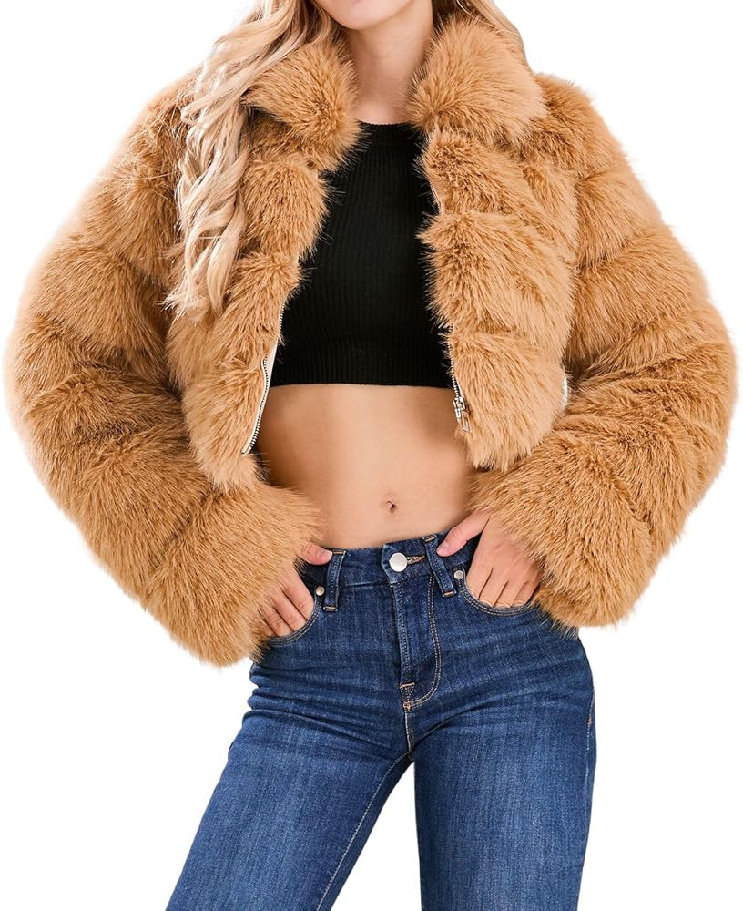 loveimgs Women Fluffy Faux Fur Coat Cropped Jacket Puffer Jacket Zip Up Winter Warm Fuzzy Teddy J... | Amazon (US)