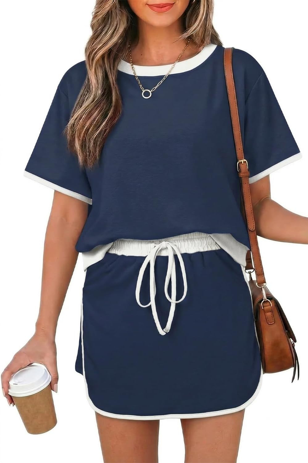 Womens 2 Piece Skort Set 2026 Color Block Short Sleeve Top Drawstring Skort Matching Sets Casual Lounge Summer Outfit | Amazon (US)
