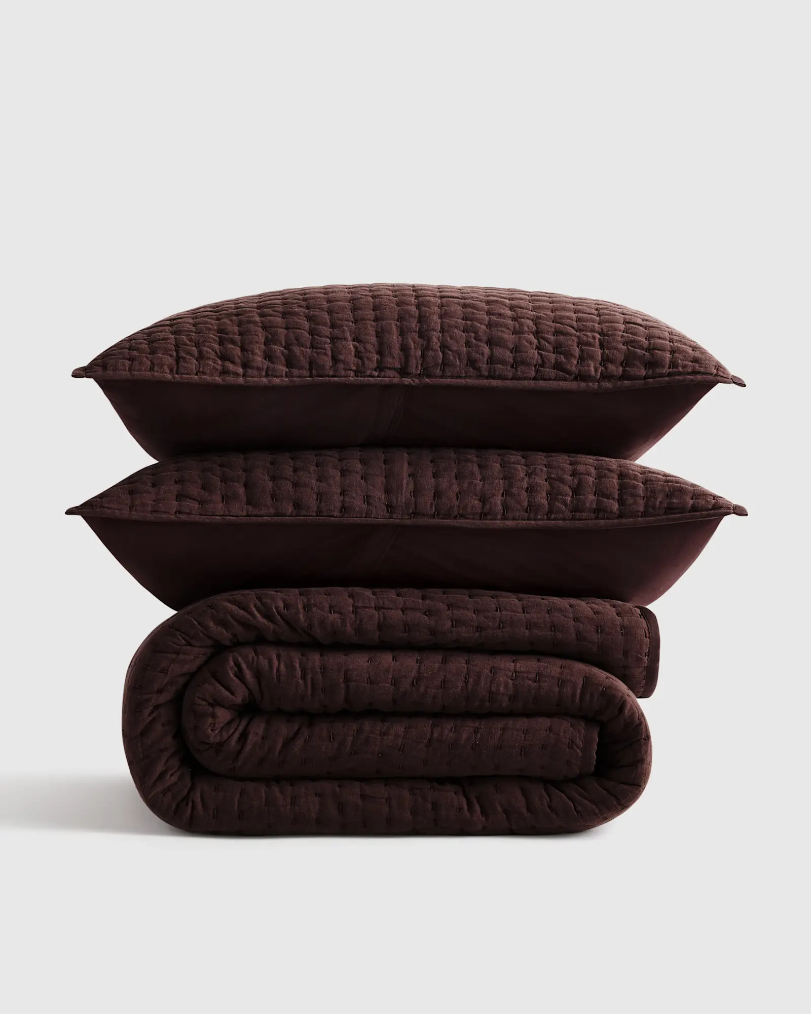 European Linen Cotton Stitch Quilt Set in Espresso | Quince