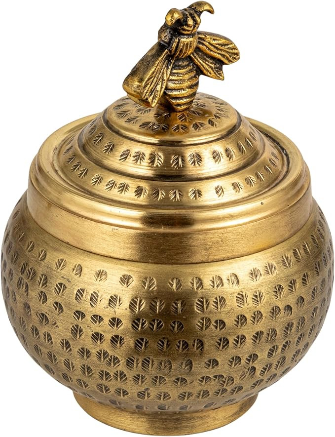 Round Hammered Metal Container with Bee Finial, Brass Finish | Amazon (US)