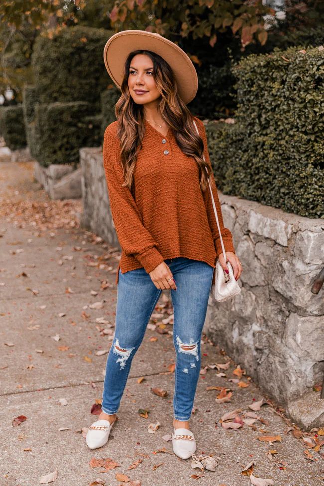 Gone For Tonight Rust Collared Henley Sweater | The Pink Lily Boutique