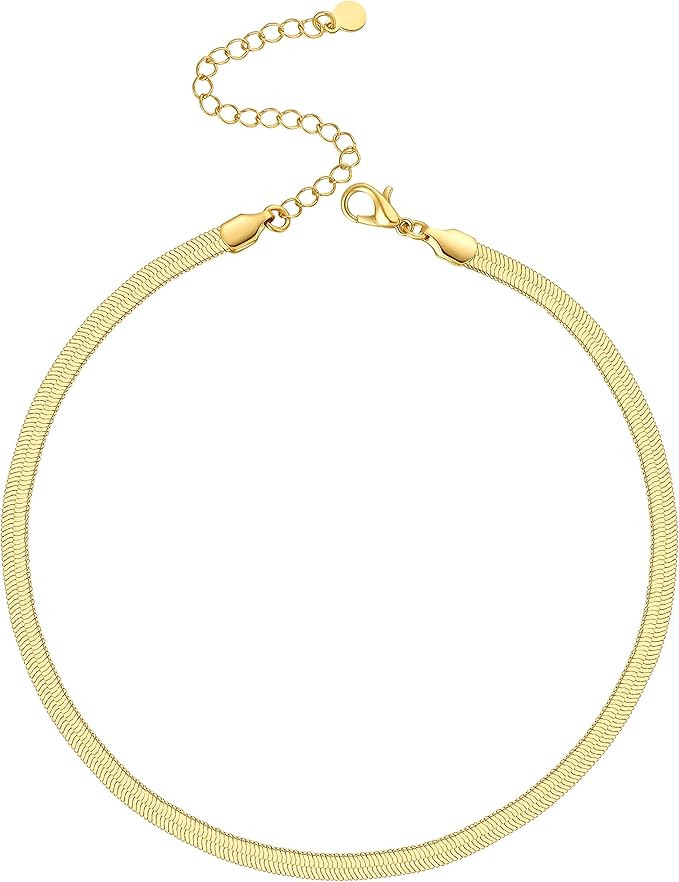 14K Gold / Silver Plated Chain Choker Necklace 5MM Flat Snake Chain Herringbone Necklace Thick Ch... | Amazon (US)