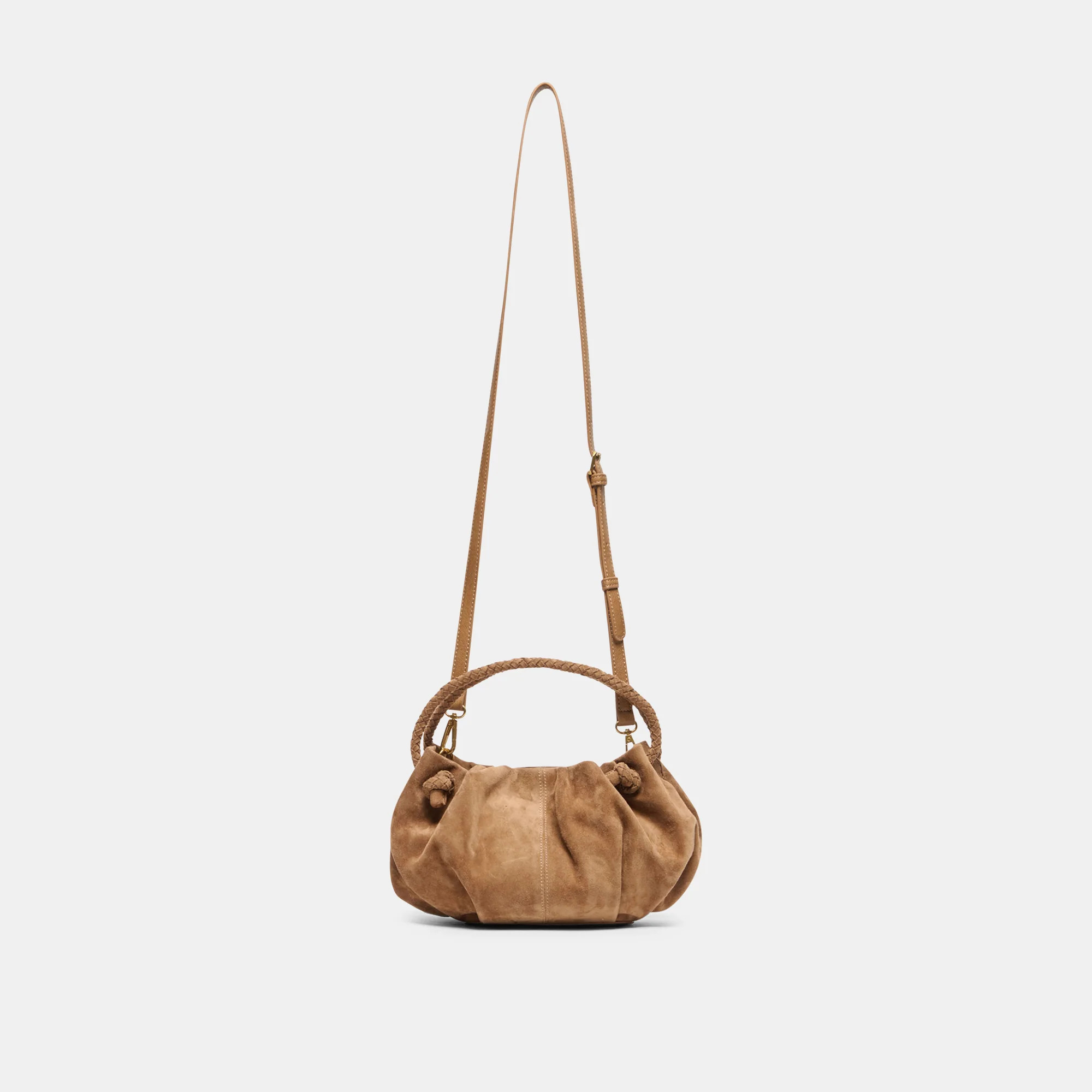 COCOA Dark Tan Suede Handbag Adjustable Crossbody | Dolce Vita | DolceVita.com