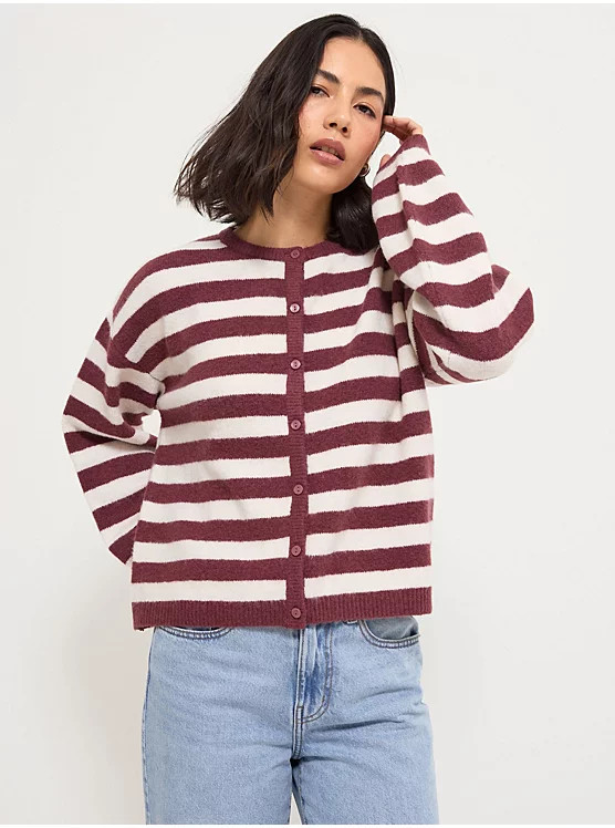 Brown Stripe Balloon Sleeve Knitted Cardigan | George