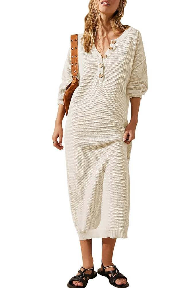 Cutiefox Women's Fall Winter Sweater Long Dress Button V Neck Batwing Long Sleeve Oversized Waffl... | Amazon (US)