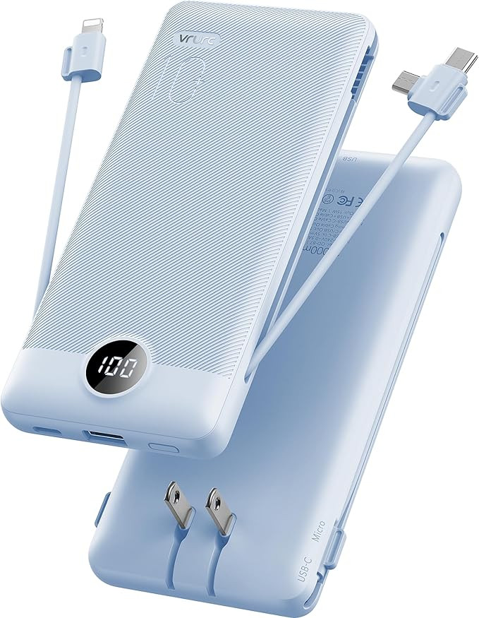 Portable Charger,Power Bank Built-in Cables and AC Wall Plug,VRURC USB C Power Bank 10000mAh, Tra... | Amazon (US)