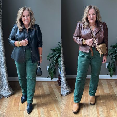 Faux leather. 25% off through 9/24  High quality for reasonable price. Black wearing size 2.0, brown wearing size 2.5 petite. 

Green cords in size 31. 

Boots options. Totally changes the look of the outfit  

#LTKmidsize #LTKover40 #LTKSeasonal