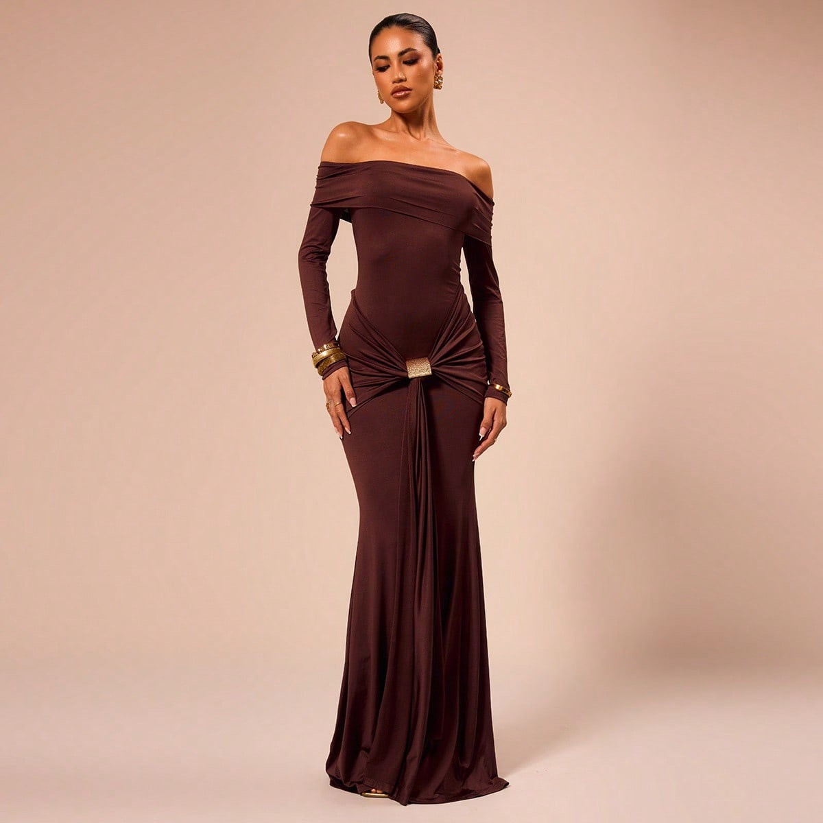 SHEIN X Scheana MUSERA Off Shoulder Long Sleeve Maxi Dress Vacation Summer Spring Romantic Wedding Guest Graduation Prom Holiday Wedding Guest Elegant Birthday Church Night Out Party Summer Outfit Long Dress | SHEIN