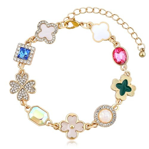 Gold Clover Charm Link Bracelet for Women Cute Colorful Geometric Diamond Mother of Pearl Lucky Four Leaf Clover Bracelet Enamel Crystal Rhinestone Statement Bracelet Adjustable Party Jewelry Gift | Amazon (US)