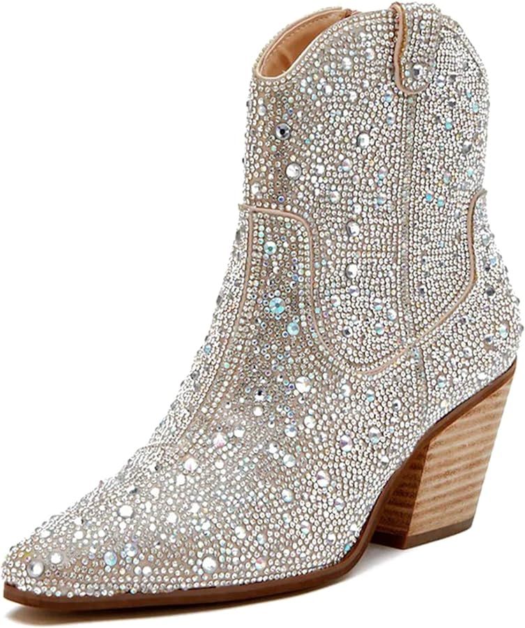 Rhinestone Booties for Women, Sparkly Cowgirl Boots Pointed Toe Chunky Heel Rhinestone Cowboy Ank... | Amazon (US)