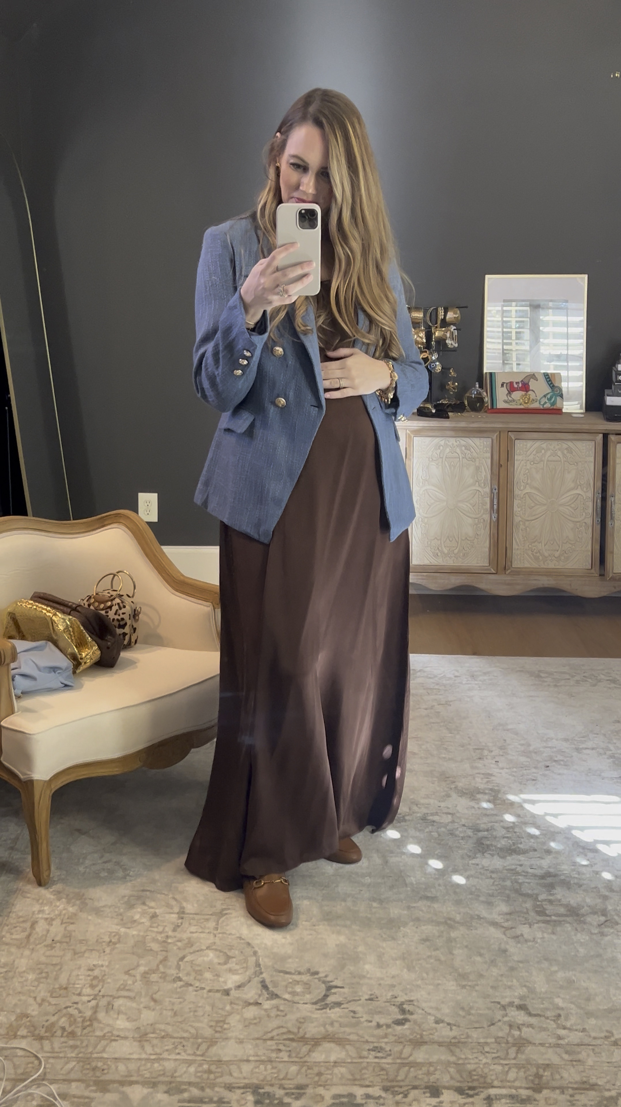 Styling one of my most favorite House of Nizhoni dresses with this luxe-for-less blue blazer. Love the warmth of the chocolate brown with the softness of the blue. So many fun ways to accessorize — pop of gold clutch to tie in the blazer, leopard for a little statement, a blue and gold clutch to work with the blazer, or gummy chocolate brown! A great non-maternity dress that works through maternity and incorporates the colors of the season! This Mack chocolate brown silk dress does it all! 

#LTKWorkwear #LTKStyleTip #LTKBump