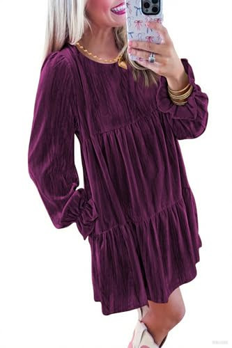 Naggoo Womens Winter Long Sleeve Mini Dress Crew Neck A-Line Short Dresses, Purple, S | Amazon (US)