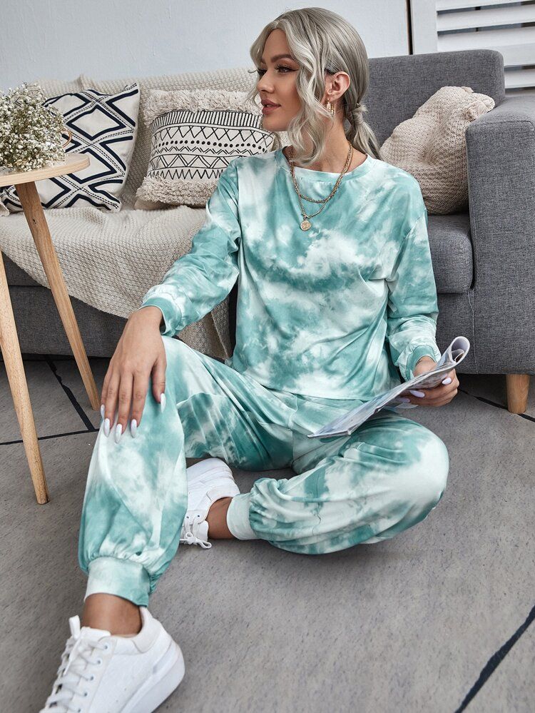 Tie Dye Drop Shoulder Top & Sweatpants | SHEIN